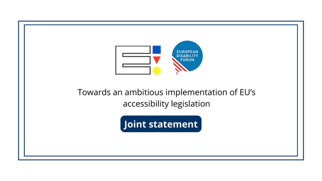 Banner with EDF and Design for All Europe logos. Above them, it has a text that says "Towards an ambitious implementation of EU's accessibility legislation. Joint statement!
