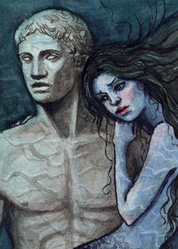 Small watercolour painting of the little mermaid resting her head on the shoulder of a statue.

"She was a strange child, quiet and thoughtful; and while her sisters would be delighted with the wonderful things which they obtained from the wrecks of vessels, she cared for nothing but her pretty red flowers, like the sun, excepting a beautiful marble statue. It was the representation of a handsome boy, carved out of pure white stone, which had fallen to the bottom of the sea from a wreck. She planted by the statue a rose-colored weeping willow."
From "The Little Mermaid" by Hans Christian Andersen