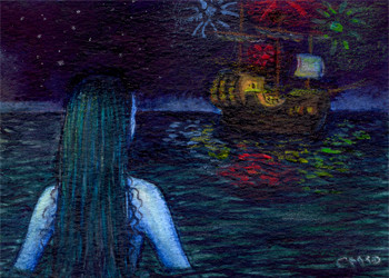 Small watercolour painting of a mermaid looking at a ship that is shooting fireworks into the night sky.

"The sailors were dancing on deck, but when the prince came out of the cabin, more than a hundred rockets rose in the air, making it as bright as day. The little mermaid was so startled that she dived under water; and when she again stretched out her head, it appeared as if all the stars of heaven were falling around her, she had never seen such fireworks before."
From "The Little Mermaid" by Hans Christian Andersen