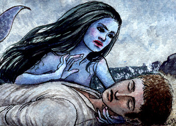 Small watercolour painting of a mermaid and a young man at a beach. She is bending over him while he is unconscious.

"The sun rose up red and glowing from the water, and its beams brought back the hue of health to the prince’s cheeks; but his eyes remained closed. The mermaid kissed his high, smooth forehead, and stroked back his wet hair; he seemed to her like the marble statue in her little garden, and she kissed him again, and wished that he might live."
From "The Little Mermaid" by Hans Christian Andersen