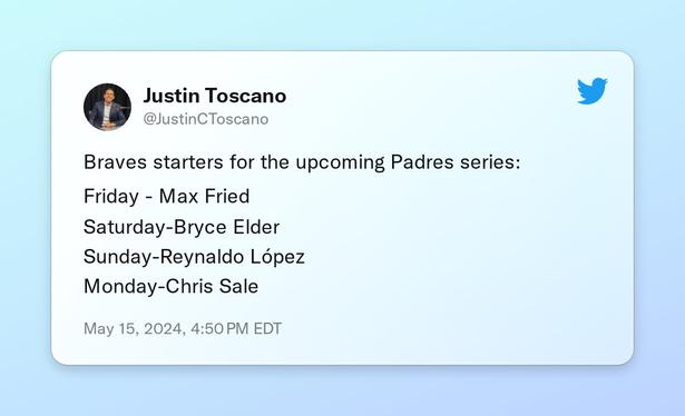 Braves starters for the upcoming Padres series: 

Friday - Max Fried 
Saturday-Bryce Elder 
Sunday-Reynaldo López
Monday-Chris Sale