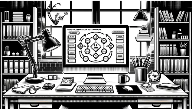 Schwarz-weiße Linienzeichnung eines modernen Schreibtisch-Setups ohne Person. Der Computerbildschirm zeigt eine Schnittstelle zur Automatisierung wiederkehrender Aufgaben, die einen Flussdiagramm oder Zyklus zur Darstellung der periodischen Ausführung enthält. Der Schreibtisch ist mit Gadgets, einer Lampe, einer Kaffeetasse und Schreibwaren überladen. Im Hintergrund sind Regale und Fenster zu sehen, die eine detaillierte und dynamische Arbeitsplatzszene schaffen. created by DALL-E