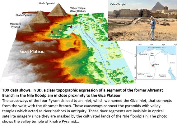 maps, schematic, photo - TDX data shows, in 3D, a clear topographic expression of a segment of the former Ahramat Branch in the Nile floodplain in close proximity to the Giza Plateau