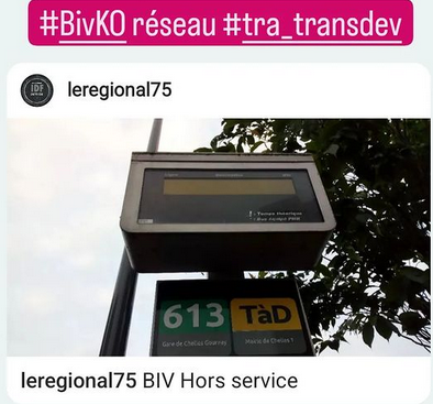photo de la BIV hors service, avec les lignes 613 et TàD, par le compte regional75