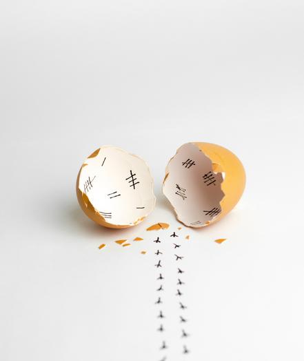 An egg shell lies on a white surface, split in half with some shatter pieces. Inside the shell are tally marks, as though a prisoner was counting the days. On the white surface is a track of tiny bird steps leading toward the camera, as though the chick made its get-away in this direction.