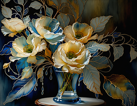 Extravagant arrangement of flowers with intricate petals in blue and cream hues, in a clear glass vase against a dark background.