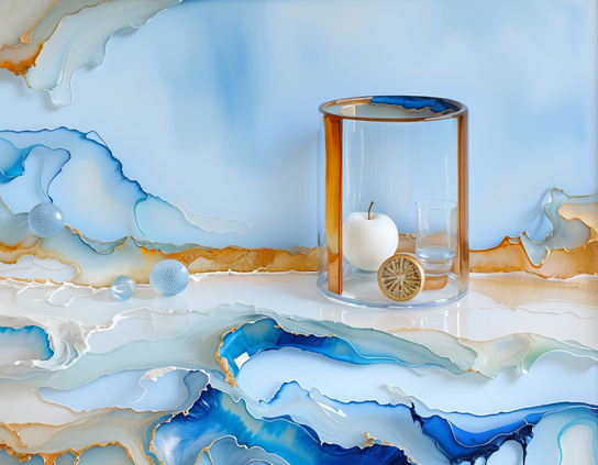 A glass cylinder with a white apple, a golden citrus slice, an a  glass partially full of water inside, set against a background of blue, gold, and white textured glass.