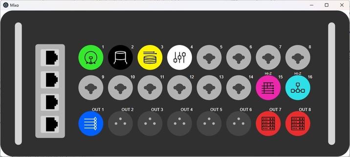 A screenshot of Mixo, showing a stage box with icons and colors on inputs and outputs