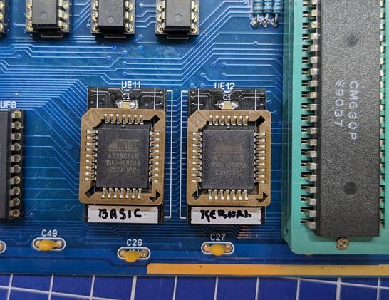 Two adapters for basic and kernal in a VIC20 clone, showing that they do not take more horizontal space than the original ROMs
