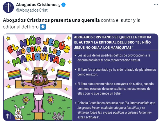 Tweet de abogados cristianos que se va a querellar contra Fandogamia y el autor por el tebeo "El Niño Jesús No Odia a los Mariquitas"