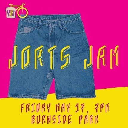 a digital ad for 'Jorts Jam', the May 2024 Providence Bike Jam theme. Text over a pic of jorts