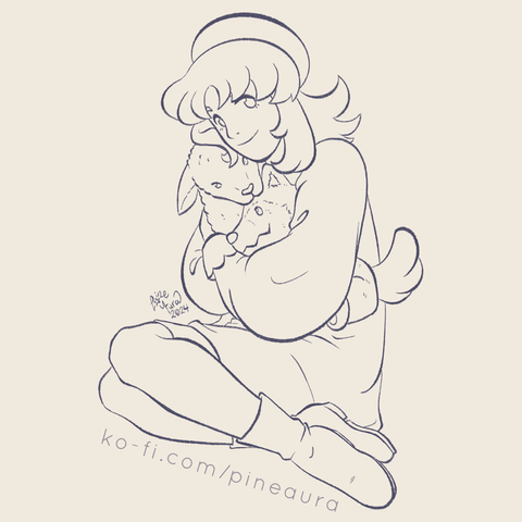 A sketch of the character Agneau from the indie game Prey at the Altar smiling towards the viewer while holding stuffed animals of a lamb and a wolf in their arms.