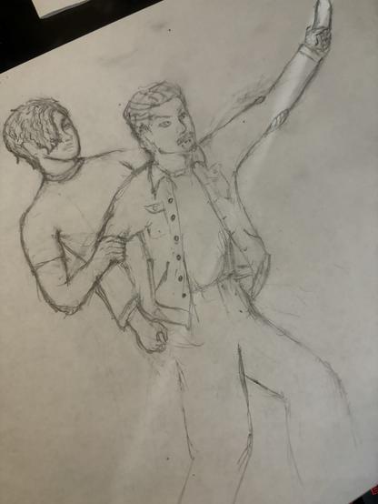 Pencil sketch of two OCs, Luke (he/him) and Jude (they/them (. Luke is in a T shirt and likely jeans. Jude also wears a leather jacket. Luke has wavy hair covering one of his eyes, while Jude’s light hair is slicked back.

Luke holds Jude by their arms, leaning slightly back for leverage.

Jude is grimacing as they struggle to get out of Luke’s grip, with their outstretched left hand holding a knife.