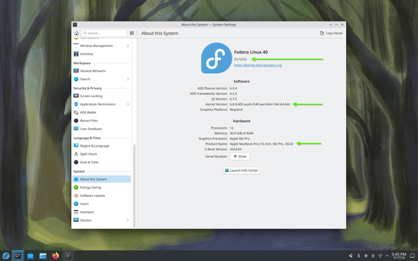 Screenshot of a Fedora Asahi Linux Atomic desktop with the settings page opened on the About this System page, showing Fedora Linux 40 (Kinoite) on a MacBook Pro M2.