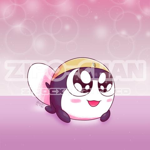 Art of a chibi depiction of Tamama. He is drawn as a ball-shape with stubby arms, legs, and a large tadpole tail. His eyes are sparkly, he is blushing, and has a kitty cat smile. While he is wearing his hat, it is missing its ear flaps. He his laying on a shiny pastel-pink surface with a slight reflection below him. The background has a pink-to-white gradient, and is full of sparkles, which Tamama appears to be looking up at. The whole drawing largely has a pinkish tone to it.