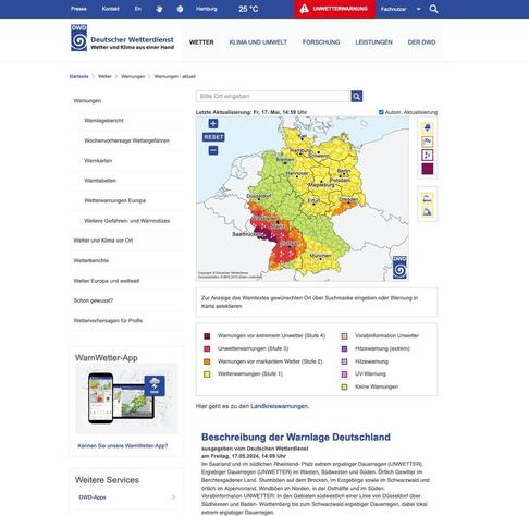 Der Screenshot zeigt die Unwetterwarnung des deutschen Wetterdienstes am 17.05.2024 - inwzwischen sind an mehreren Orten Jahrhundert-Hochwasserstände weit übertroffen worden, etliche Ortschaften werden evakuiert - aber auch im Nachbarland Frankreich sind gleich 180 Ortscchaften von Fluten betroffen. Unsere Gedanken sind bei ihnen. Aktuell hält die Hochwasserlage noch an - wie beim SWR zu lesen war, mindestens noch bis morgen (18.05.2024) Mittag.