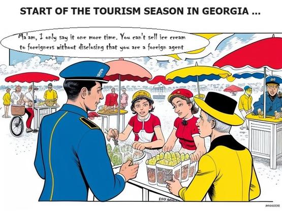 Titel: Start of the tourism season in Georgia
Image: a beach scene. A policeman says to an ice cream vendor: "Ma'am, I only say it one more time. You can't sell ice cream to foreigners without disclosing that you are a foreign agent