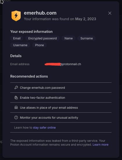 Proton Pass notification showing data exposure of email, password, name, surname, username, phone by a databreach of emerhub.com