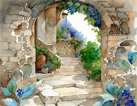 Stone archway leading to a garden path with potted plants and flowers, bright sunlight, lush greenery, Mediterranean style, and a watercolor effect.