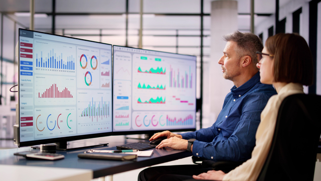 Photo of a woman and a man in front of two beg screens displaying data.