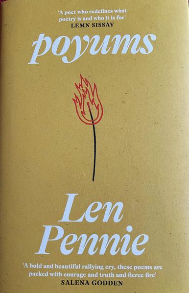 Kovrilo de libro. Ĝi tekstas  "poyums  Len Pennie" ĝi estas flava kaj montras nigra kaj ruĝa alumeto.