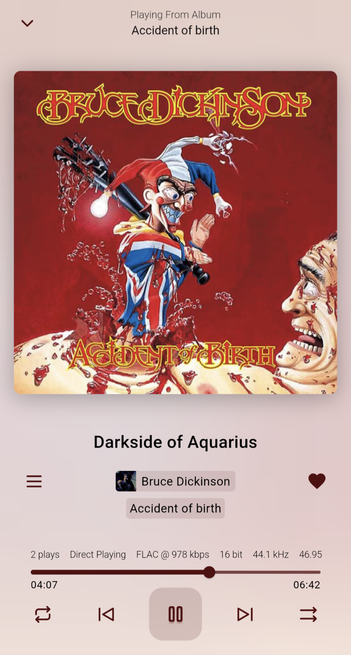 Screenshot of Android app Finamp playing Bruce Dickinson's album Accident of birth from my Jellyfin instance.