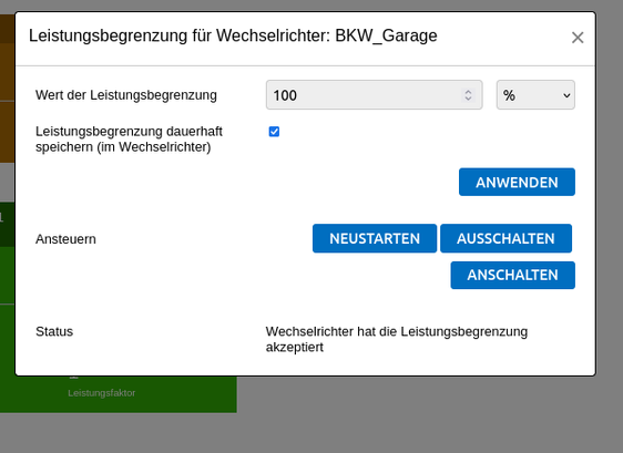 Screenshot Ahoy DTU, Menü zur Leistungsanpassung.