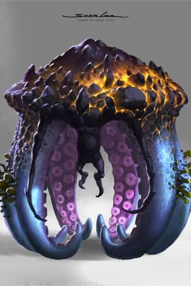 Créature à six tentacules, le sommet du corps est bombé, pareil à un dôme de pierres tranchantes entourées de lave