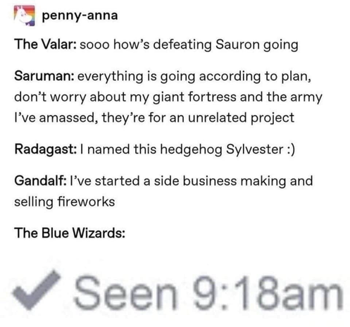 Meme about what the wizards in Lord of the Rings group chat might look like.