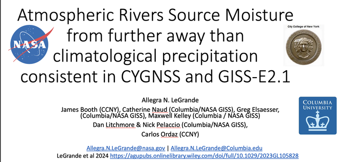 Atmospheric Rivers Source Moisture from further away than climatological precipitation consistent in CYGNSS and GISS-E2.1

LeGrande et al 2024 https://agupubs.onlinelibrary.wiley.com/doi/full/10.1029/2023GL105828