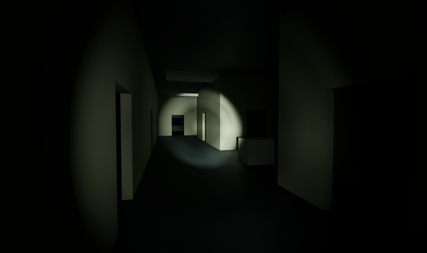 A screenshot of my game during runtime featuring a dark hallway with some doorways scattered about, illuminated by a sole light source; the player's flashlight beam. The light function that simulates the lens of the flashlight is apparent as the projected light is not uniform in intensity. A secondary light projection is obvious as well, simulating scattering inside the lens medium to project a wider and dimmer cone of light.