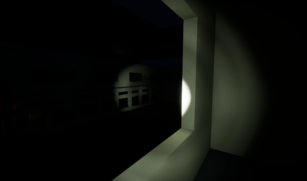 A screenshot of my game during runtime where the player is shining their flashlight out a window, through the hospital's courtyard. This screenshot shows how far the flashlight beam can travel before it becomes ineffective.