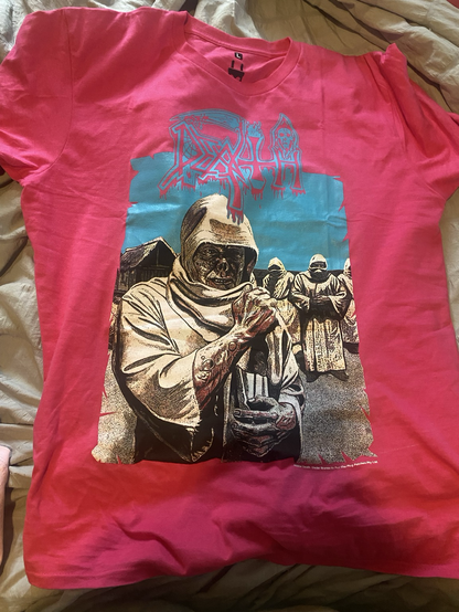 Dark pink shirt with Death the band’s “Leprosy” album cover on it