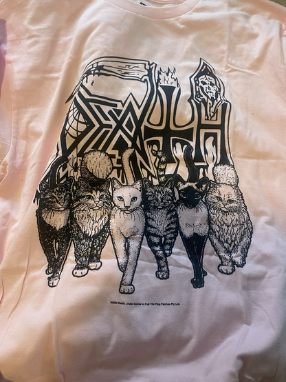 Light pink band tee with Death band logo and 6 cats on it
