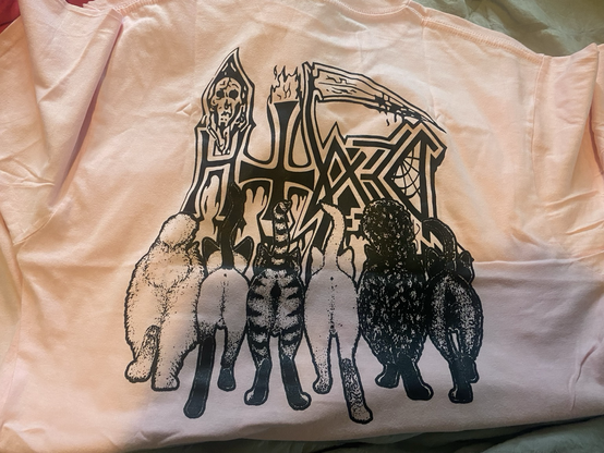 Back of light pink Death shirt with reversed logo and cat butts
