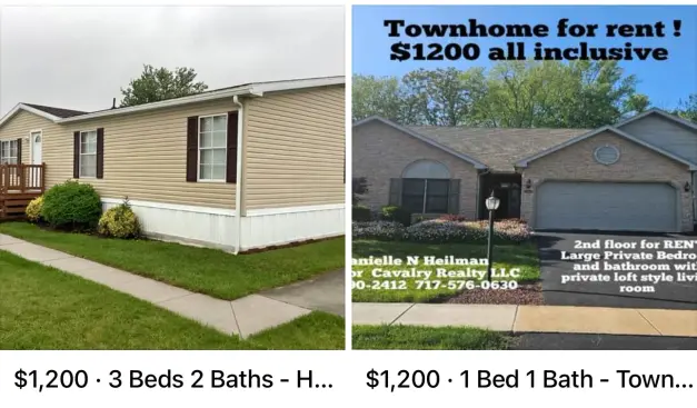 Two homes from Facebook marketplace, a 3 beds 2 baths home and a 1 bed 1 bath home, both asking 1200 USD per month
