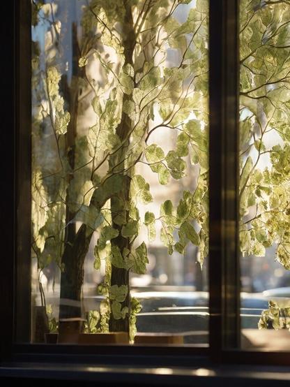 ①«Generated by LeonardoDiffusion»
A stunning reflection photo showcases poplar trees casting a gentle greenish shadow on a cafe window. The sharp focus captures the intricate details of the poplar leaves, their delicate veins and textures contrasting beautifully against the smooth glass. The soft glow of the cafe interior can be seen through the window, adding warmth to the overall atmosphere.