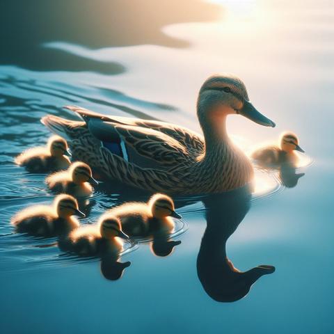 ②«Create by Bing Image Creator»
(Photo of a mother duck and her ducklings swimming on the water) Their shadows are clearly visible on the water surface.
