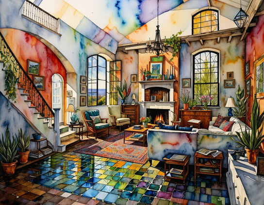 Eclectic room with colorful tiled flooring, cozy furniture, large windows, plants, a fireplace, high ceilings, and artistic decor.