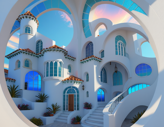 A Mediterranean-style building with white walls, arched windows, blue accents, curved staircases, and afternoon sunlight casting cooling shadows.