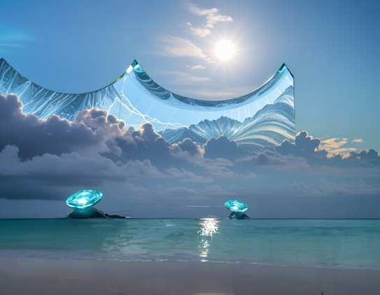 Subdued colored beach and ocean, with futuristic glass structures that reflect a shining sun, that are being generated in a dense bank of purple-grey clouds by glowing sources far out on the horizon.