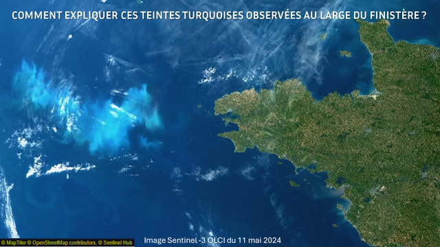 Satellite photo showing a large blob of brighter color in the ocean off the western coast of Brittany
