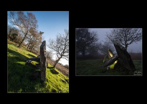 diptyque sur fond noir de deux photos de l'allée couverte de Castel Ruffel. La première photo est en format vertical et prise de jour, mais avec une inclinaison de l'appareil photo afin de rendre verticale la première dalle inclinée du monument. La seconde photo a été prise de nuit, par temps de brouillard avec l'appareil photo bien horizontal cette fois-ci. les dalles constituant l'ossature du monument sont inclinées l'une vers l'autre. Une source lumineuse a été placée sous les pierres centrales.
