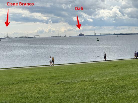 May 12, from Fort McHenry in Baltimore, looking out into the Patapsco River.  Two ships of very different style, temperament and behavior shown here.

The Cisne Branco is motoring in on the left of the picture, sails down.  I saw it, but didn't really realize what it meant until the next day when we found it docked in the Inner Harbor.

The Dali, of course, is the huge container ship which slammed into the Francis Scott Key bridge, destroying it, and killing 6 workers, and closing the channel for large ships. I believe it will be floated out of the way this coming week.