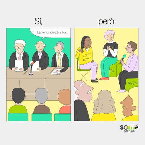 Tira còmica on es veu una assemblea amb tres homes vestits amb tratge expliquen dades complexes davant d’una audiència a la primera vinyeta. A la segona vinyeta es veu una altra assemblea menys jeràrquica i on tres persones amb actitud positiva expliquen dades a l’audiència.