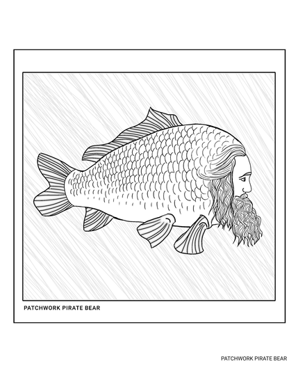 Colouring page of a fish with Blackbeard's face on it, created by Patchwork Pirate Bear.