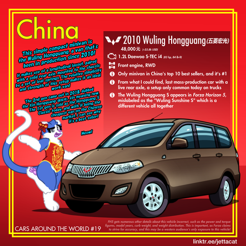 Header says "China". Jetta, a blue and white cat, wearing a red partial dress and a red bow, poses next to a brown minivan. The cat is saying: "This simple compact minivan is the Wuling Hongguang, a van that's been in production since 2010! It makes use of a longitudinal layout, paired with a solid rear axle, mounted to the chassis by a set of leaf springs. The relative simplicity and strength of this setup makes it an ideal work van! The 2nd gen came out in 2018, dubbed the Xin Hongguang (新宏光), xin meaning new. The 1st gen is sold as the Hongguang S Classic today, and with it being the cheapest van on the Chinese market, I can see why it's a best seller! Meow!" Info box reads "2010 Wuling Hongguang (五菱宏光), about 40,000 chinese yuan, or about $5,800. 1.2L Daewoo S-TEC i4, 84 horsepower, 84 pound feet. Front engine, rear wheel drive. Only minivan in China's top 10 best sellers, and it's #1. From what I could find, last mass-production car with a live rear axle, a setup only common today on trucks. The Wuling Hongguang S appears in Forza Horizon 5, mislabeled as the "Wuling Sunshine S" which is a different vehicle all together." Footer reads "CARS AROUND THE WORLD #19. FH5 gets numerous other details about this vehicle incorrect, such as the power and torque figures, model years, curb weight, and weight distribution. This is important, as Forza claims to strive for accuracy, and this may be a western audience's only exposure to this vehicle! linktr.ee/jettacat"