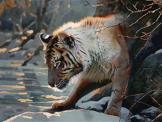 A tiger at water's edge, emerging from a wintry forest to gaze pensively at its reflection. Late afternoon light adds warmth.