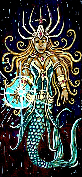 Illustration of a mermaid with flowing hair, a crown, and a glowing hand, on a brown paper bag