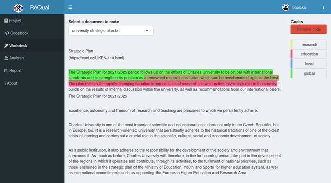 A screenshot of text coded in the Requal application